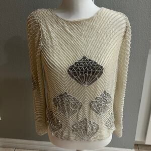 Bonwit Teller Beaded Silk Sweater Top Ivory Pearl Vintage size small